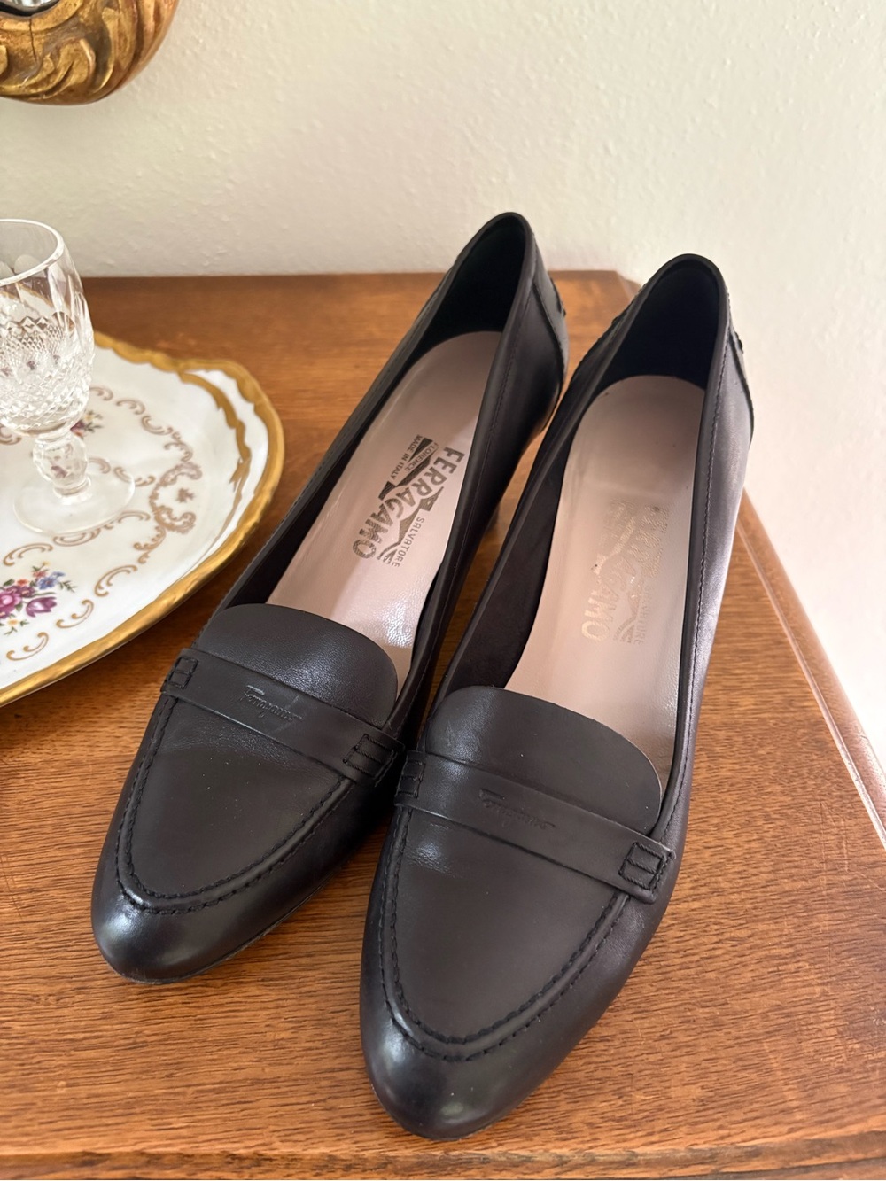Salvatore Ferragamo Black Leather Penny Loafers 9C